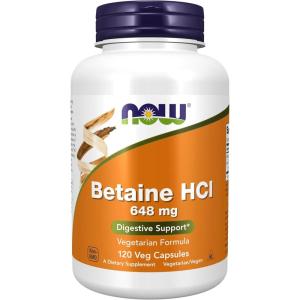 NOW Foods Supplements, Betaine HCl 648 mg, Vegetarian Formula, Digestive Support*, 120 Veg Capsules(120 Count (Pack of 1))
