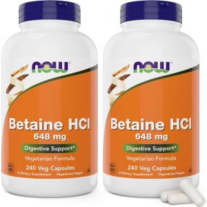 NOW Foods Supplements, Betaine HCl 648 mg, Vegetarian Formula, Digestive Support*, 120 Veg Capsules(240 Count (Pack of 2))