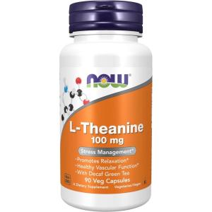 NOW Foods Supplements, L-Theanine 100 mg with Decaf Green Tea, Stress Management*, 90 Veg Capsules(90 Count (Pack of 1))