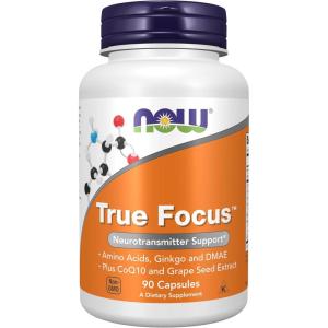 NOW Foods Supplements, True Focus™ with Amino Acids, Ginkgo, DMAE + CoQ10 and Grape Seed Extract , 90 Veg Capsules(Grape)