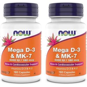 Now Supplements, Mega D-3 & MK-7, 5000 IU / 180 mcg, Bone & Cardiovascular Support*, Vitamins K-3 & K-2, 180 Capsules(2)