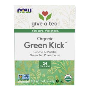 NOW Foods, Certified Organic Green Kick Tea, with Polyphenols, Premium Unbleached Tea Bags with No-Staples Design, No Added Colors, Preservatives, Flavors, or Sugars, 24-Count(Green Kick)
