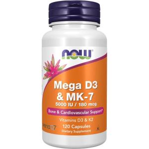 NOW Foods Supplements, Mega D-3 & MK-7 with Vitamins D-3 & K-2, 5,000 IU/180 mcg, Bone & Cardiovascular Support*, 60 Veg Capsules(120 Count (Pack of 1))