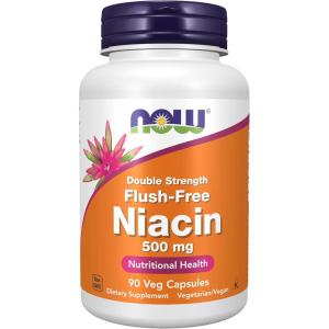 NOW Foods Supplements, Niacin (Vitamin B-3) 500 mg, Flush-Free, Double Strength, Nutritional Health, 90 Veg Capsules(90 Count (Pack of 1))