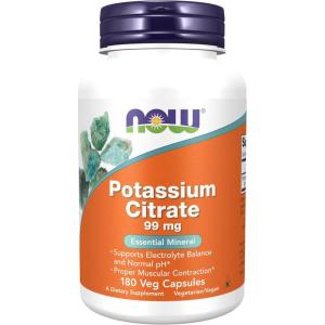 NOW Foods Supplements, Potassium Citrate 99 mg, Supports Electrolyte Balance and Normal pH*, Essential Mineral, 180 veg Capsules(180 Count (Pack of 1))