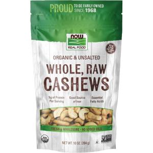 NOW Foods, Certified Organic Cashews, Whole, Raw and Unsalted, Rich Buttery Flavor, Source of Fiber, Protein and Iron, Certified Non-GMO, 10-Ounce (Packaging May Vary)(Organic Whole Cashews)