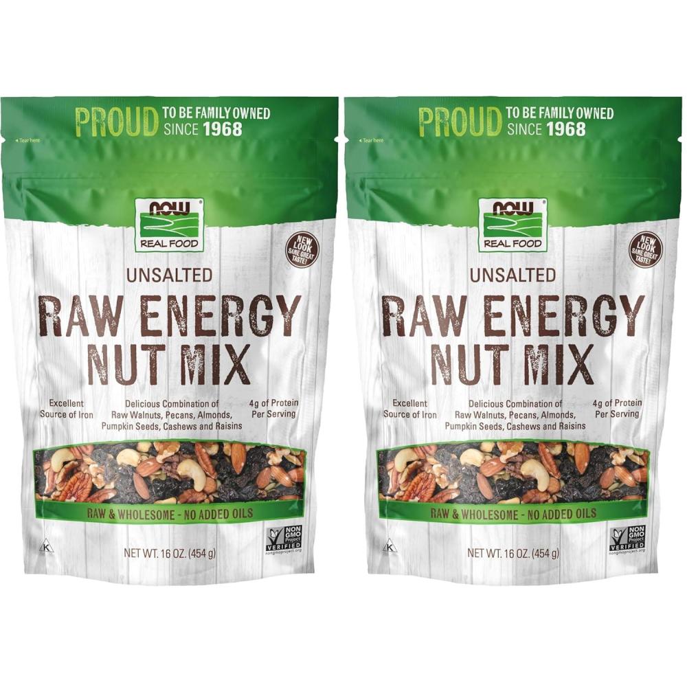 imageNOW Foods Raw Energy Nut Mix Unsalted Mix of Raisins Walnuts Peacans Almonds Pumpkin Seeds and Cashews GreatTasting Source of Iron 16Ounce Packaging May Vary16 Ounce Pack of 2