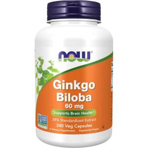 NOW Foods Supplements, Ginkgo Biloba 60 mg, 24% Standardized Extract, Non-GMO Project Verified, 60 Veg Capsules(240 Count (Pack of 1))