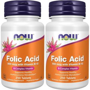NOW Supplements, Folic Acid 800 mcg + B-12 (Cyanocobalamin) 25 mcg, B Complex Vitamin, 250 Tablets(250 Count (Pack of 2))