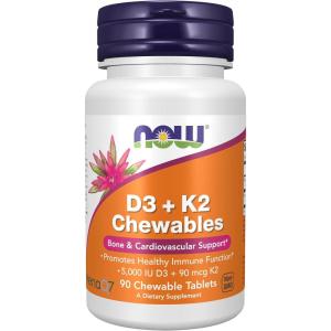 Now Supplements, Vitamin D3 & K2, 5,000 IU/90 mcg, Plus Cardiovascular Support*, Supports Bone Health*, 90 Chewable Tablets