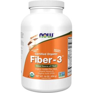 NOW Supplements, Fiber-3, Certified Organic, Non-GMO Project Verified, Psyllium Free, with Organic Golden Flax Meal, Acacia & Inulin, 16-Ounce
